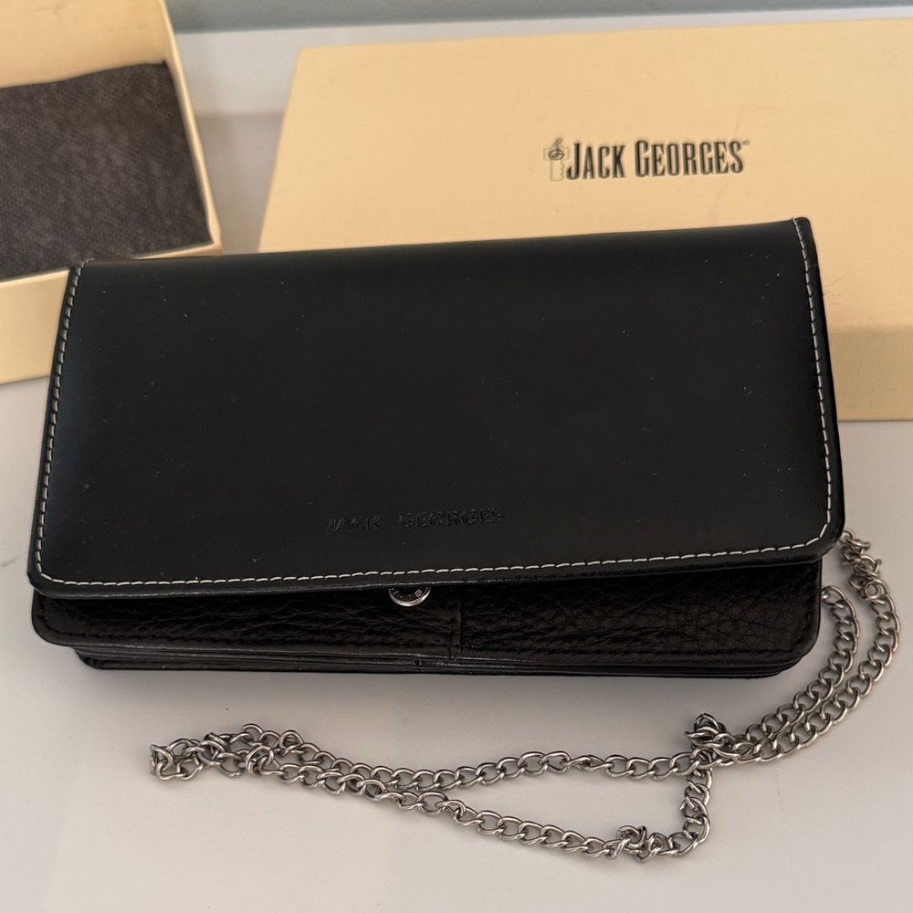 Jack Georges Black Leather Crossbody Wallet with Silver Chain